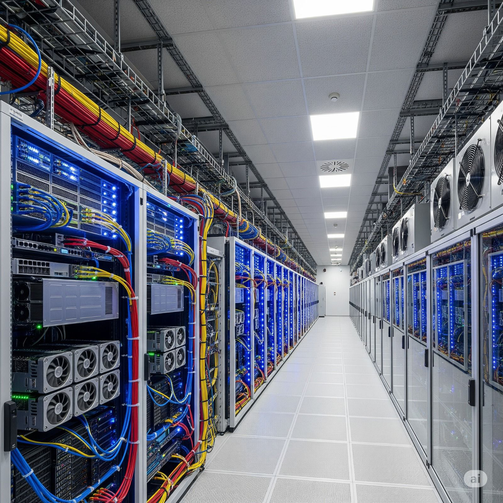 Modern data centre with rows of server racks, advanced cooling systems, and monitoring equipment showcasing Suppple's enterprise-grade infrastructure